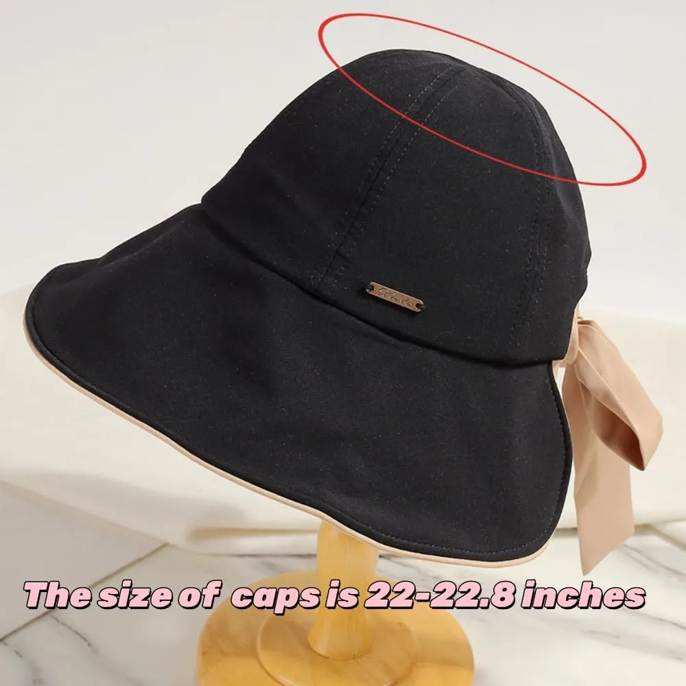 Wide Brim Sun Hat for Woman Bowknot Beach Bucket Hats Sun Protection Fishing Cap Adjustable Cotton with Ponytail Hole UPF50 