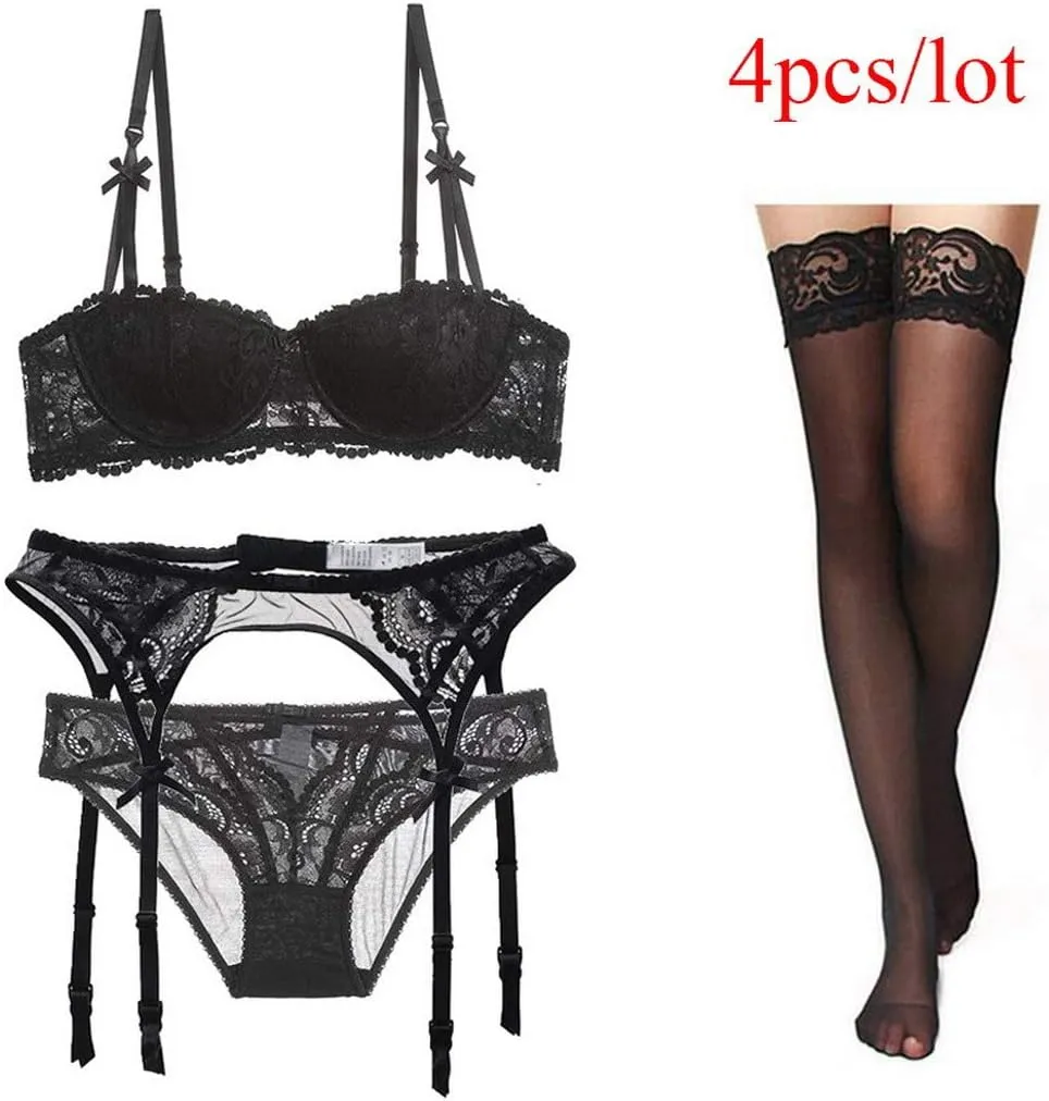 Women's Fine Fabric Sexy Lingerie Push up Lace Bra & Panty Set (Suspender Garter Belt and Stockings Optional)