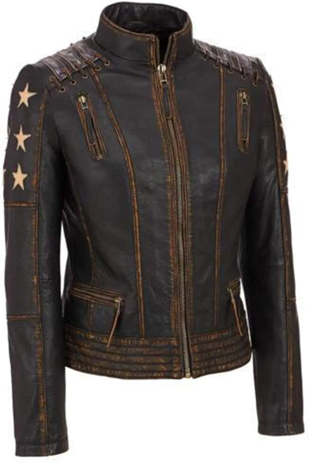 Womens Lacy Sleeves Cafe Racer Stars Brando Biker Distressed Brown Slim Fit Moto Rider Leather Jacket