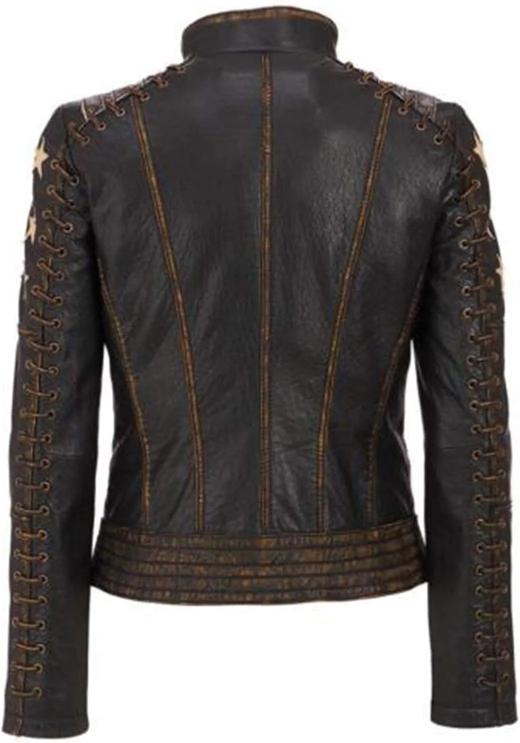 Womens Lacy Sleeves Cafe Racer Stars Brando Biker Distressed Brown Slim Fit Moto Rider Leather Jacket
