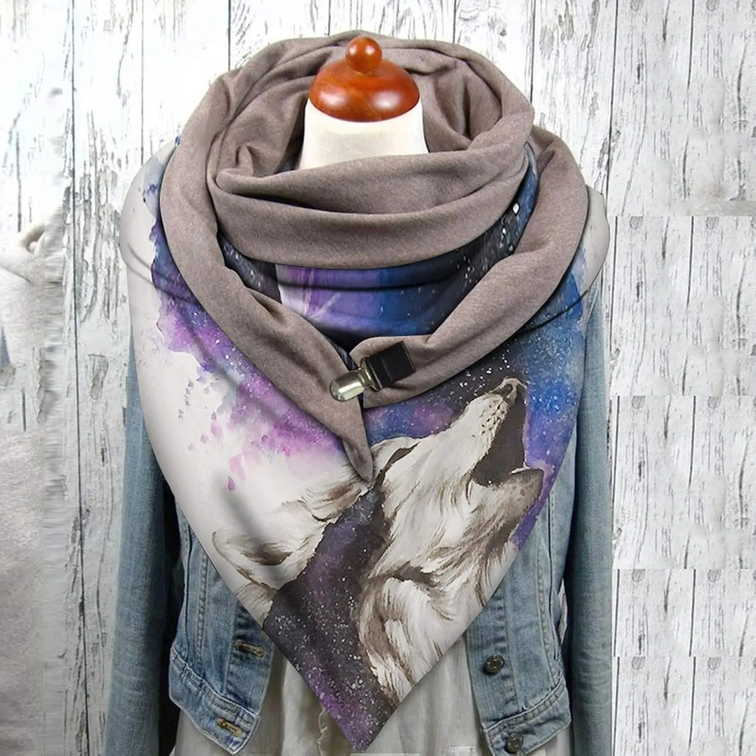 Womens Winter Scarf Wolf Print Warm Windproof Double-Layer Buckle Turban Wrap Scarve Soft Scarves for Women