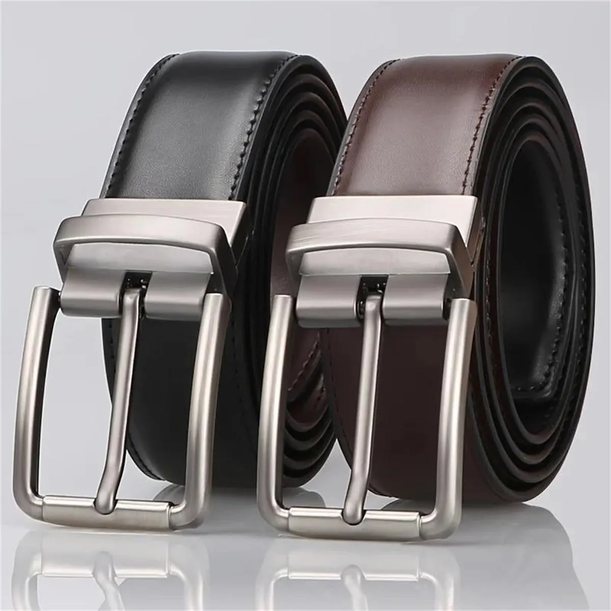 Yeuyyben 1Pc Vintage Business Casual Men's Genuine Leather Cowhide Reversible Belt